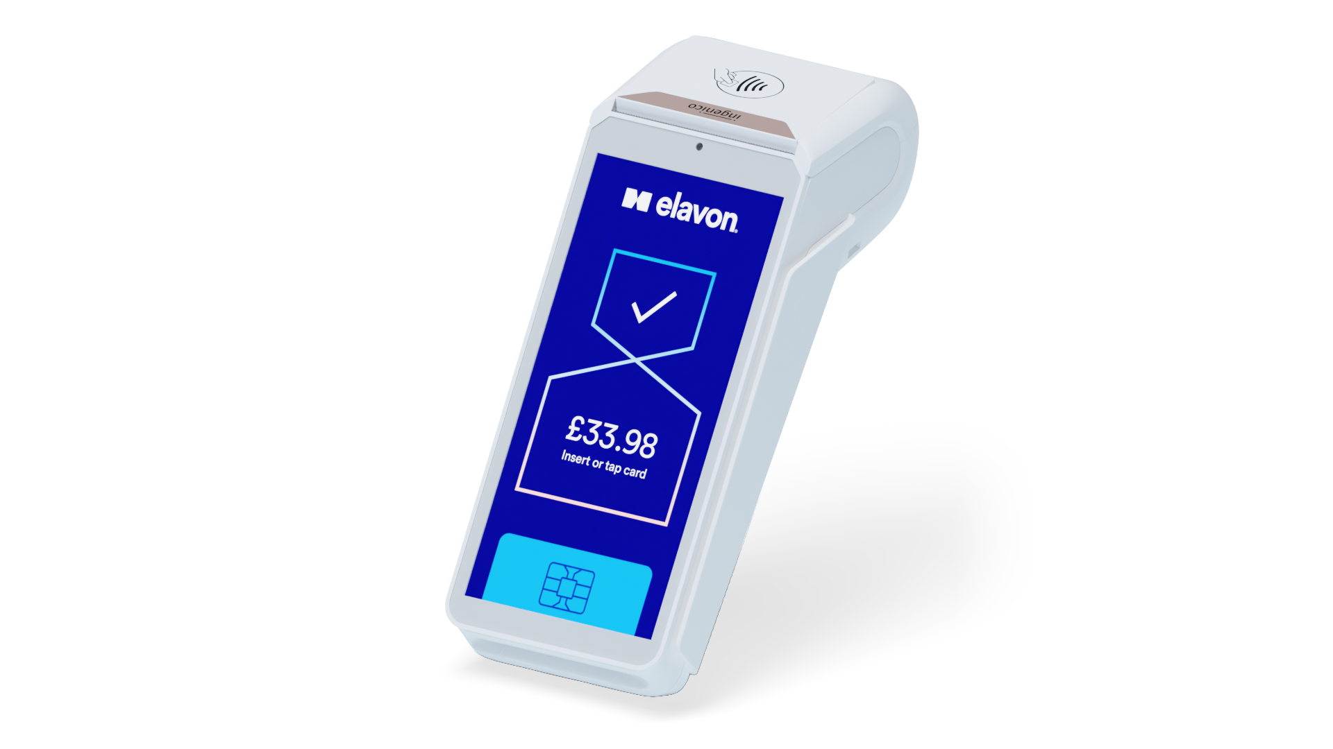 Ingenico DX8000 side angle showing touchscreen payment display