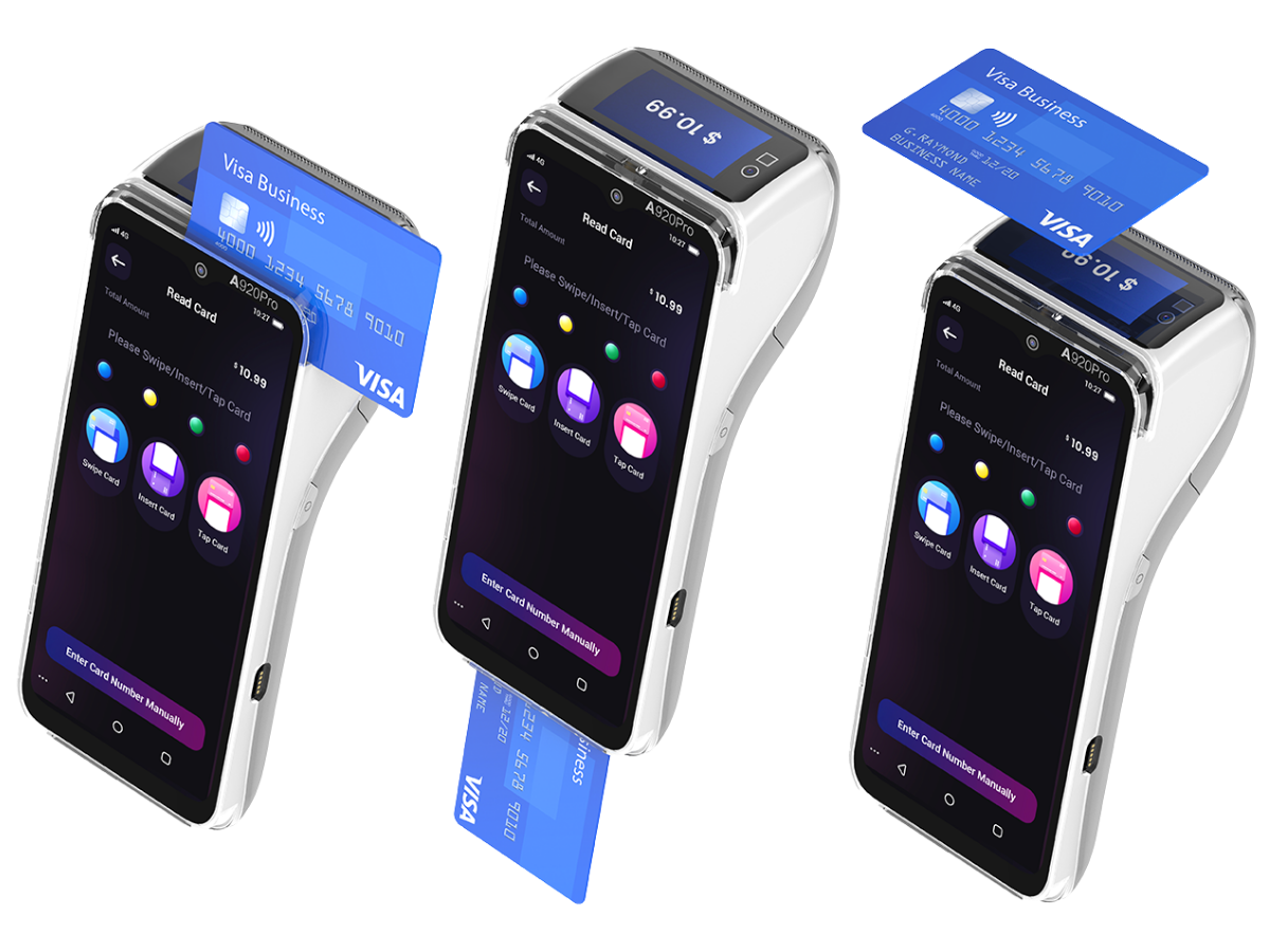 PAX A920 Pro shown accepting swipe, insert and tap payments